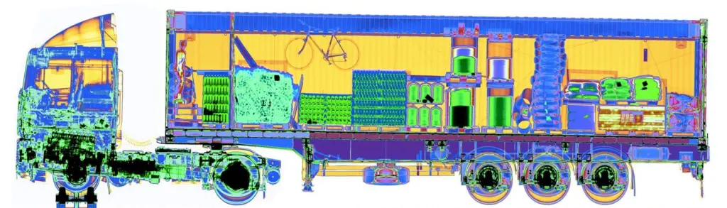 A side view of a container truck after being X-ray scanned.