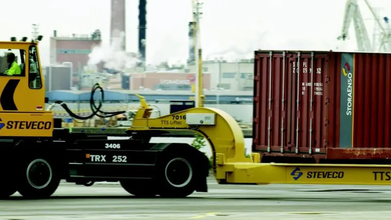 A tugmaster pulls a SECU, which can be cross-docked from rail to ship in the new NETSS transportation strategy