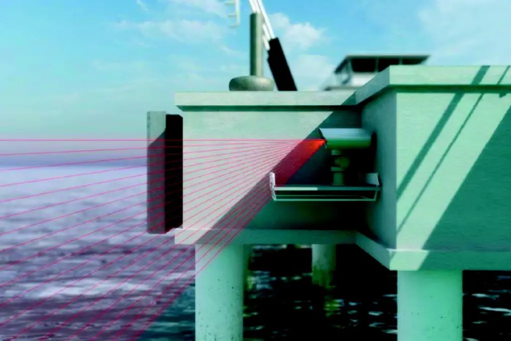 Scans up and down until it hits the side of the ship