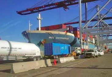 MOL Enterprise connected to on-shore power generator and LNG tank.