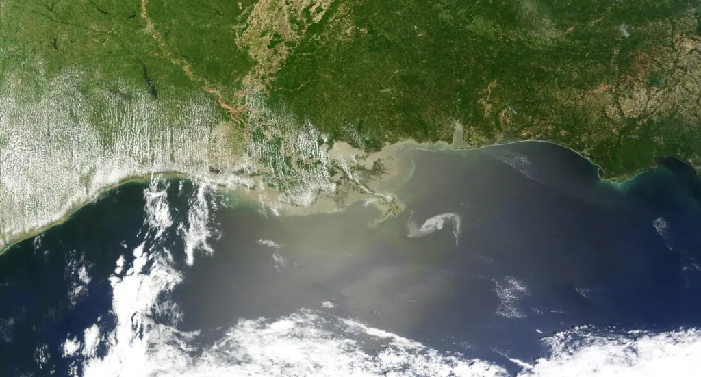 The oil spill creeps closer to the Mississippi Delta - but a loop current may take some of it to Florida. Photo: NASA
