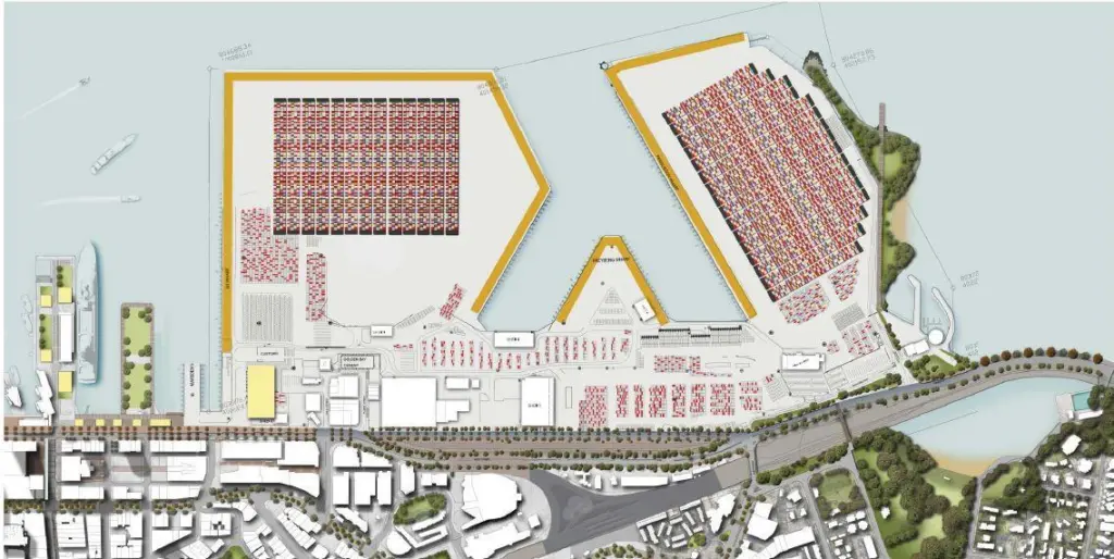 Berthing areas (shown in orange) at Auckland will significantly increase over the next 44 years