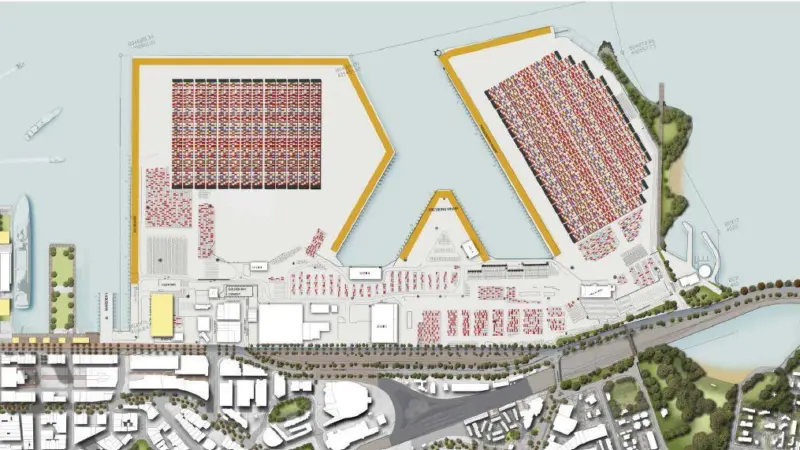 Berthing areas (shown in orange) at Auckland will significantly increase over the next 44 years