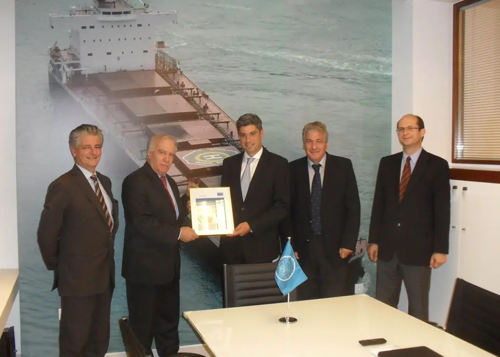 Presentation of the 1,000th FutureShip SEEMP certificate (from left to right): Aristidis Efstathiou, GL business development manager area Southern Europe, Athanasios Reisopoulos, GL area manager, Philippos Efstathiou, owner of EFNAV, Pantelis Ch...
