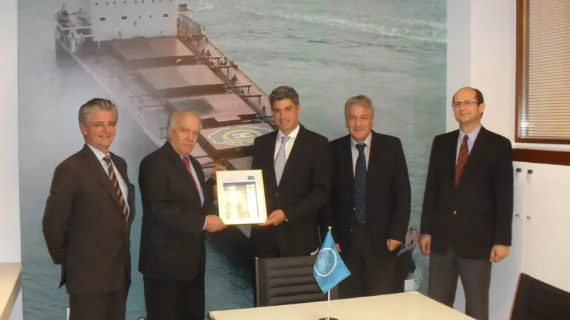 Presentation of the 1,000th FutureShip SEEMP certificate (from left to right): Aristidis Efstathiou, GL business development manager area Southern Europe, Athanasios Reisopoulos, GL area manager, Philippos Efstathiou, owner of EFNAV, Pantelis Ch...