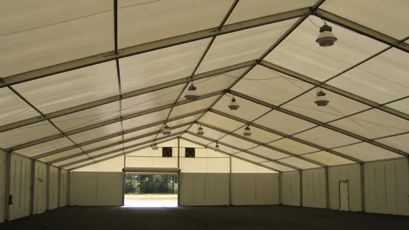Temporary structures have to be engineered to withstand required wind and snow loads. Copyright: Mahaffey Fabric Structures