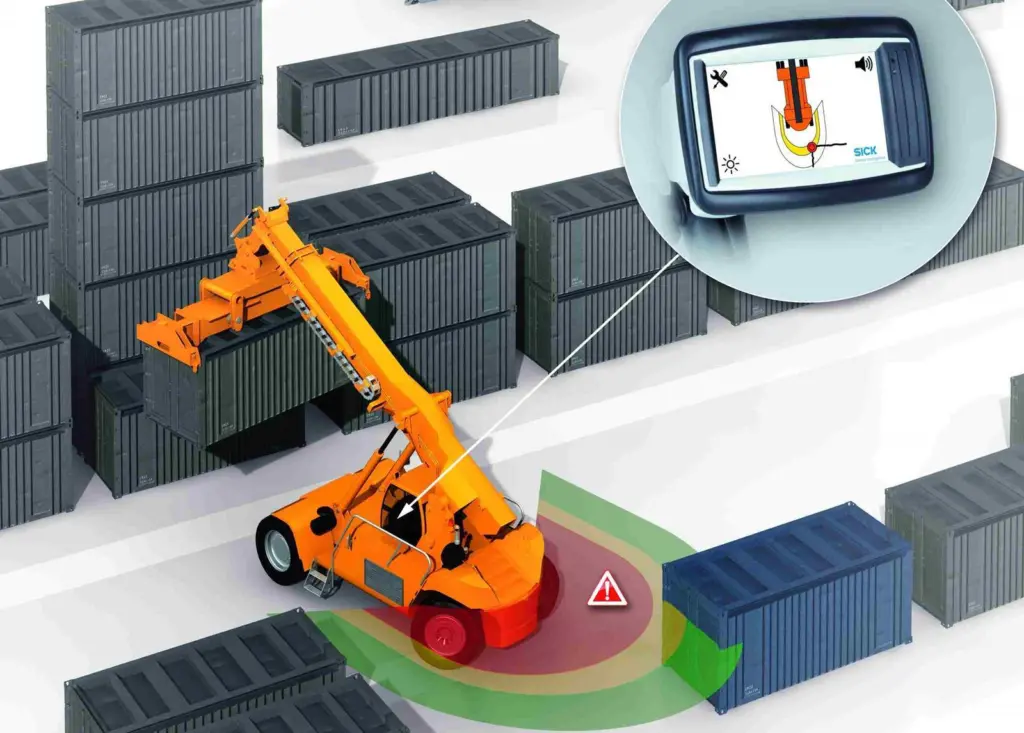 The Reach Stacker system alerts the operator to any obstacles behind the vehicle