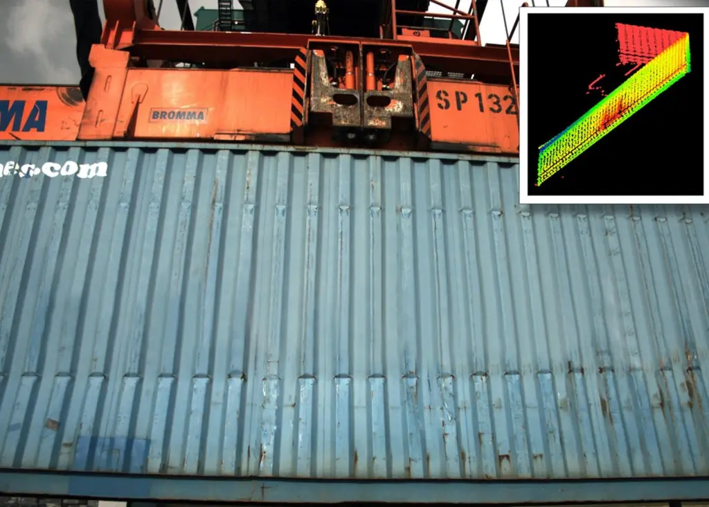 Laser technology is used to examine the surfaces of containers and, combined with OCR container recognition and high-resolution imaging, different types of damage can be detected, including bulges, dents, tears and holes