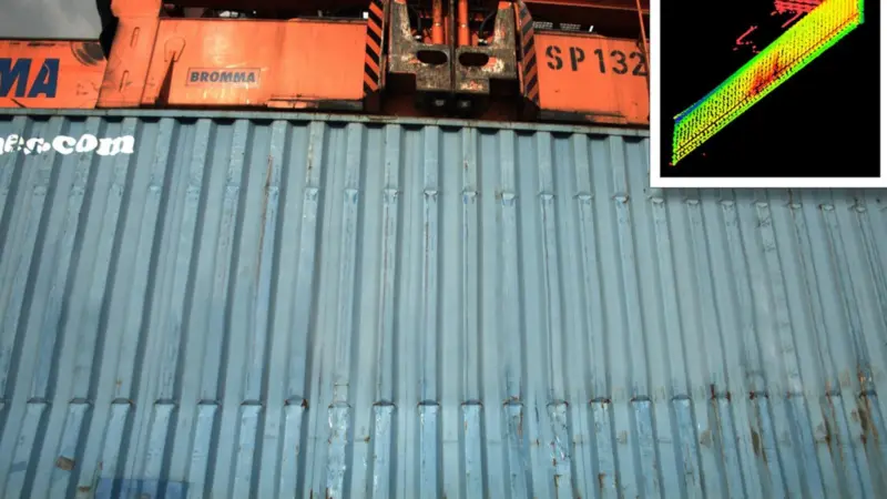 Laser technology is used to examine the surfaces of containers and, combined with OCR container recognition and high-resolution imaging, different types of damage can be detected, including bulges, dents, tears and holes