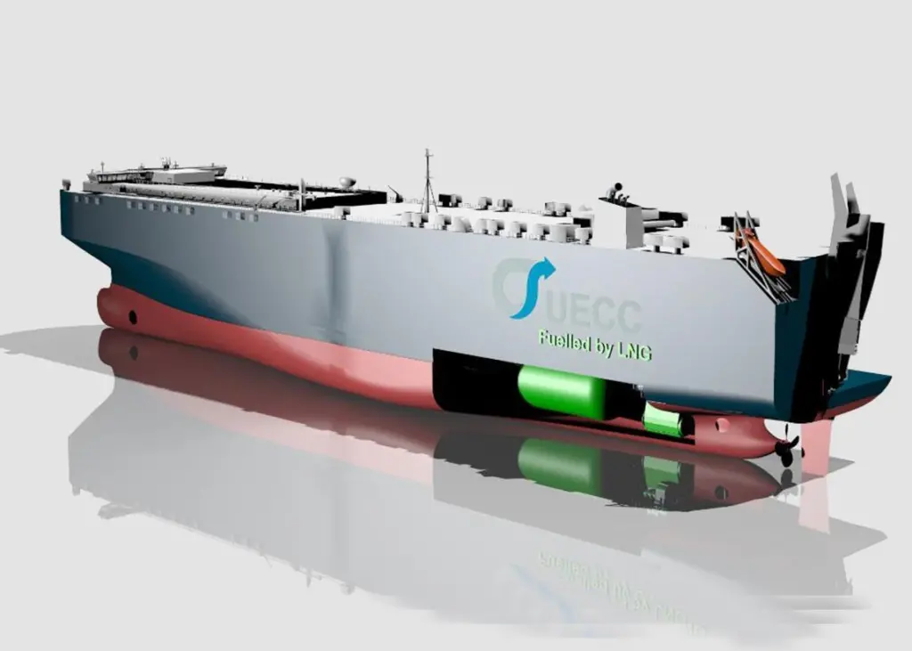 UECC’s latest PCTC design, showing location of LNG tanks and ME-GI main engine