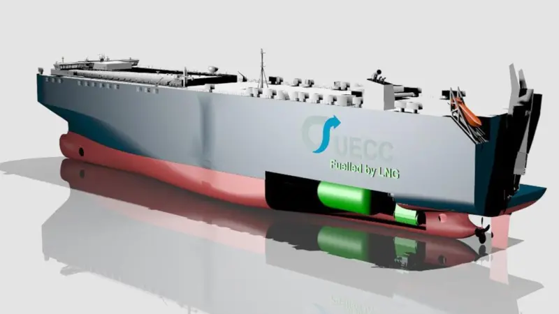 UECC’s latest PCTC design, showing location of LNG tanks and ME-GI main engine