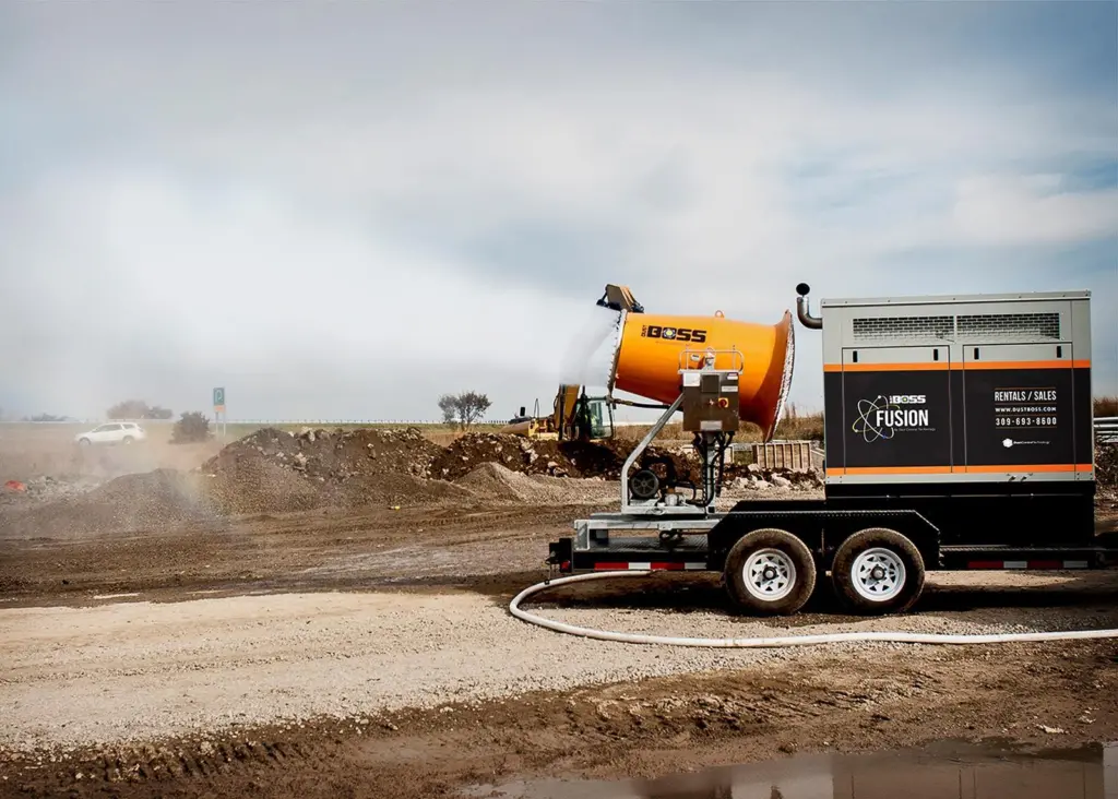 The DustBoss DB-60 Fusion is a powerful suppression system with an efficient diesel generator which can be hauled to job sites that lack a convenient power source