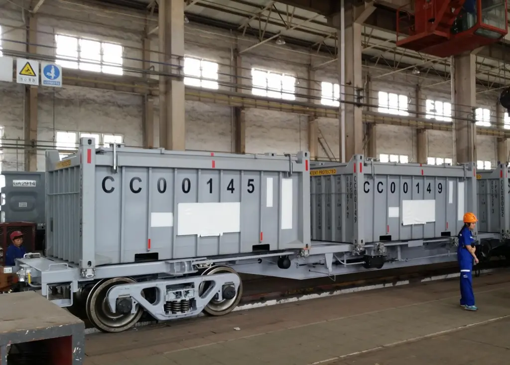 The bulk containers are loaded on to specialised rail wagons to be taken to the port for discharge