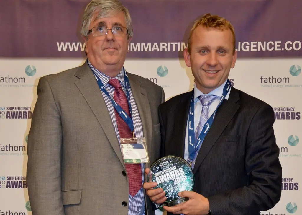 Tord Helland of Norled (right) received the 'Ship Efficiency Award' for the world’s first purely battery-driven passenger and car ferry 'Ampere'