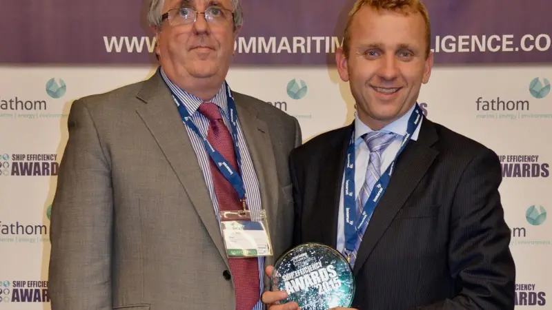 Tord Helland of Norled (right) received the 'Ship Efficiency Award' for the world’s first purely battery-driven passenger and car ferry 'Ampere'
