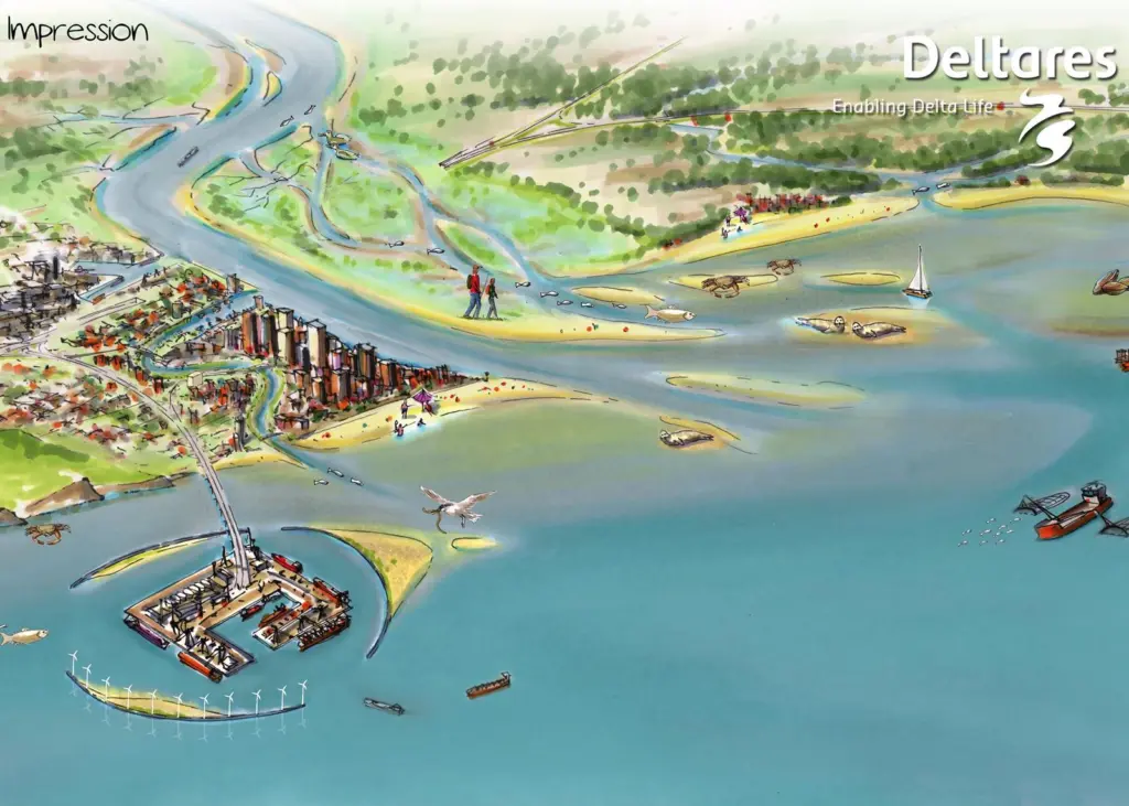An artist's impression of a Port of the Future style expansion. Location, design and operations are based on a functioning ecosystem and the principle of working with nature. Photo: Deltares