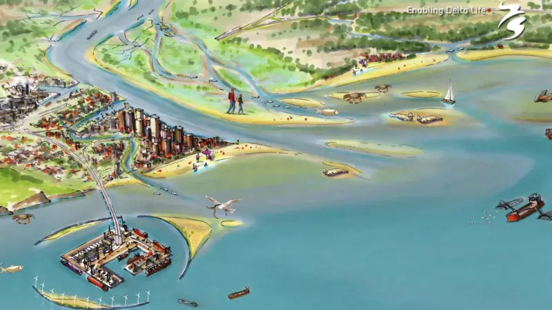 An artist's impression of a Port of the Future style expansion. Location, design and operations are based on a functioning ecosystem and the principle of working with nature. Photo: Deltares