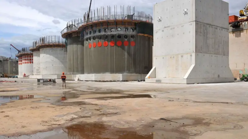 Construction work: The new 9,100 tonne dock gate and three 4,500 tonne caissons will form the remodelled ends of the sea walls