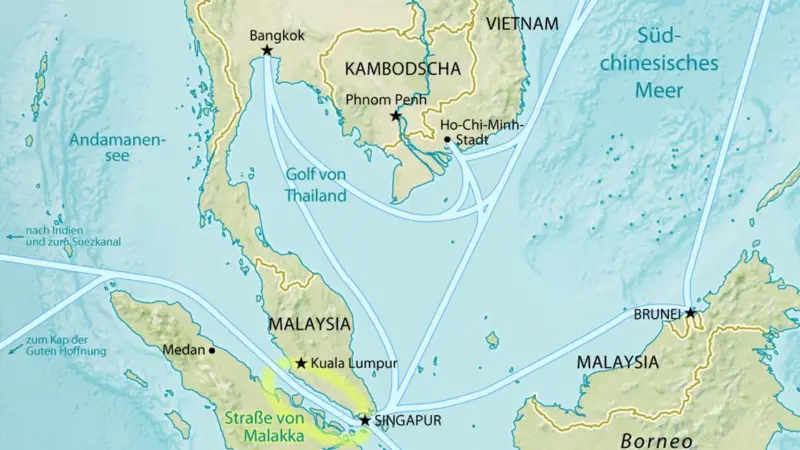Three Chinese companies will help build a $1.9m port in the Strait of Malacca. Credit: CIA World Factbook.