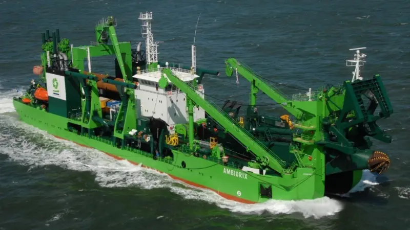The heavy duty rock cutter dredger 'Ambiorix' will undertake the works at Port Louis Harbour