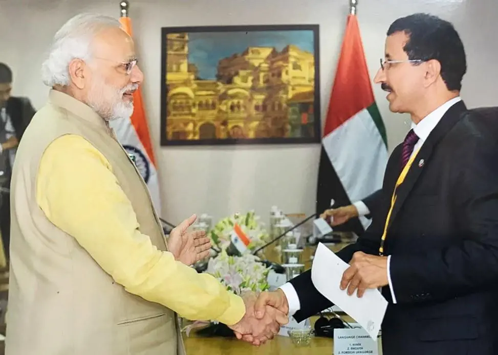 DP World's Sultan Ahmed Bin Sulayem with the prime minister of India Shri. Narendra Modi at the Vibrant Gujarat Global Summit.