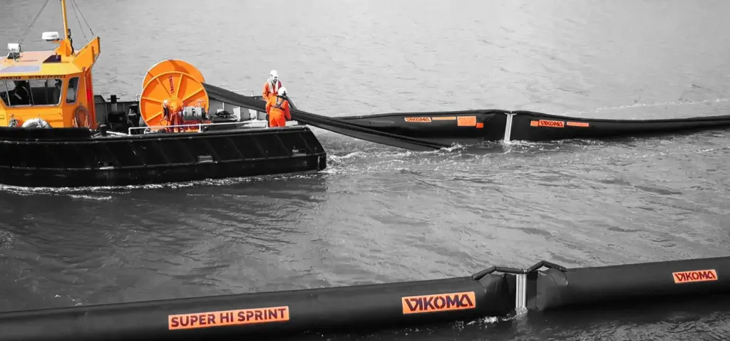 Deployment of Vikoma’s new single point inflation oil containment boom, Super Hi Sprint
