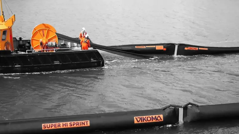 Deployment of Vikoma’s new single point inflation oil containment boom, Super Hi Sprint