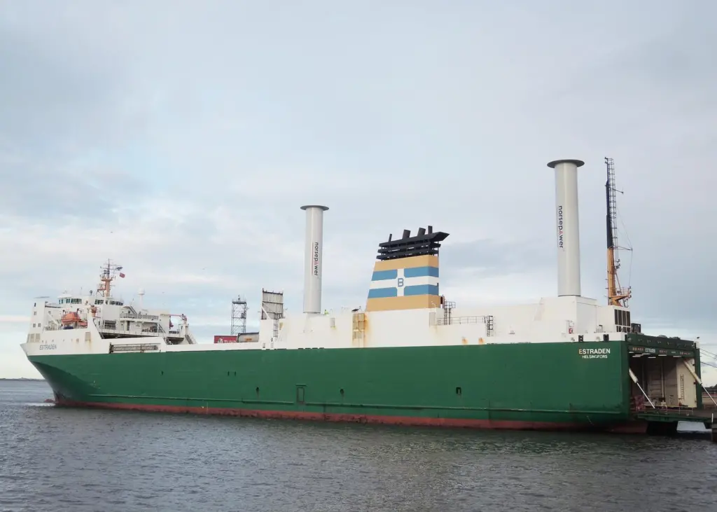 Flettner rotors are huge columns that exploit the fact that an electrically rotated cylinder in a wind creates thrust