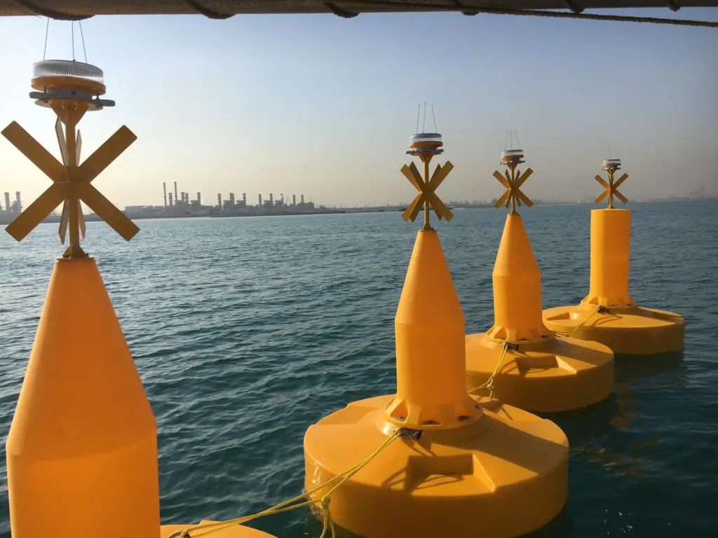 Lined up and waiting to go: Middle East port buoy deployment. Image: AMRO
