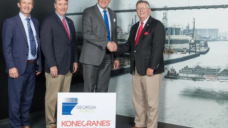 From left: Mika Mahlberg, executive vice president at Konecranes Port Solutions; Griff Lynch, executive director at the GPA; Panu Routila, president and chief executive at Konecranes; and Jimmy Allgood, chairman of the GPA's Board of Directors P...