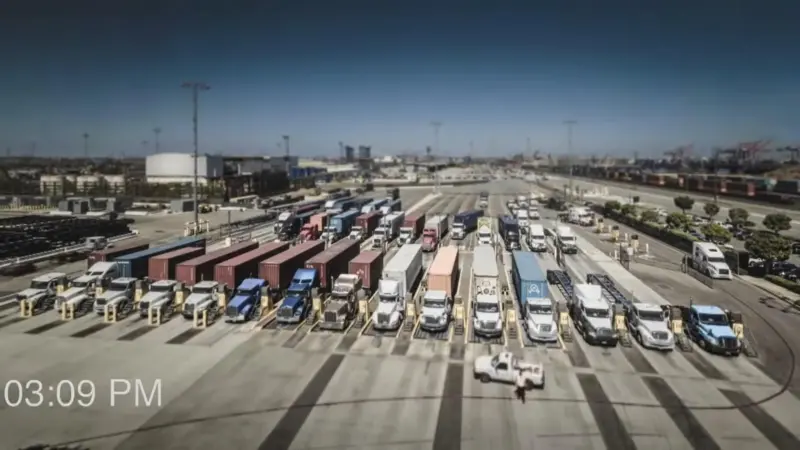 The US Harbor Trucking Association points out that isn't good enough to say you can get a truck in and out of the facility quickly if there is a queue outside first. Credit: PierPass