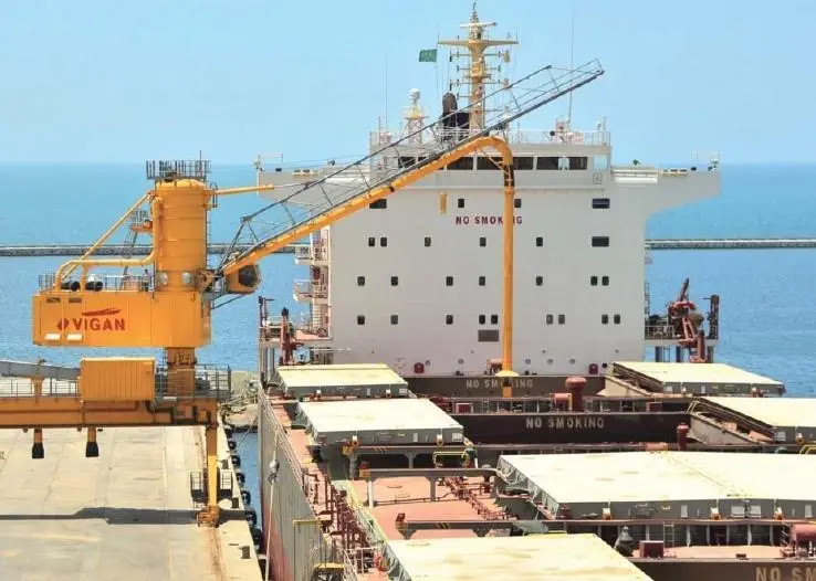 A pneumatic unloader over a docked cargo ship.