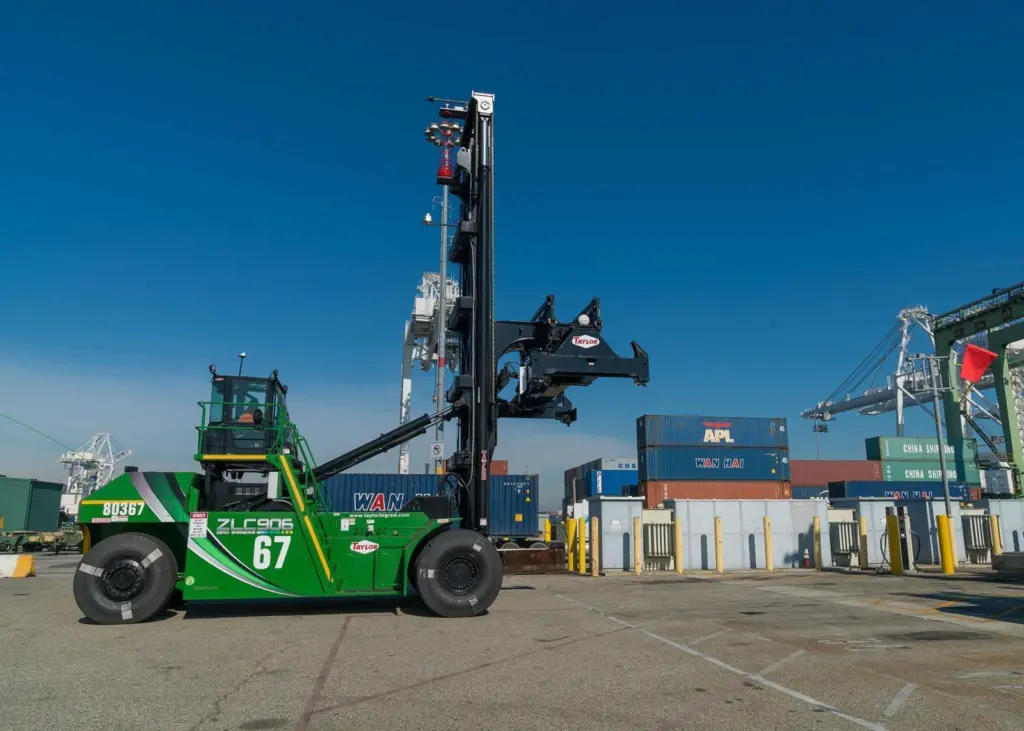 The Taylor battery-electric top handlers can make it through the daily two-shift cycle before needing a recharge Photo: POLB