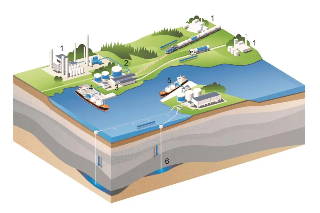 An illustration of how the carbon dioxide capture facilities could look at the Port of Gothenburg (*key below) Image: Gothenburg Port Authority