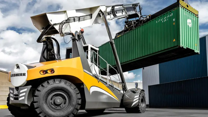 The Liebherr smart tyre saving system presents an intelligent way to reduce tyre wear in reachstackers Photo: Liebherr
