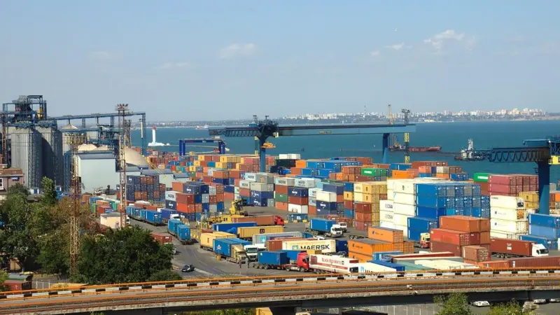 Trade and container movements have ceased at Ukrainian ports, pictured Odessa