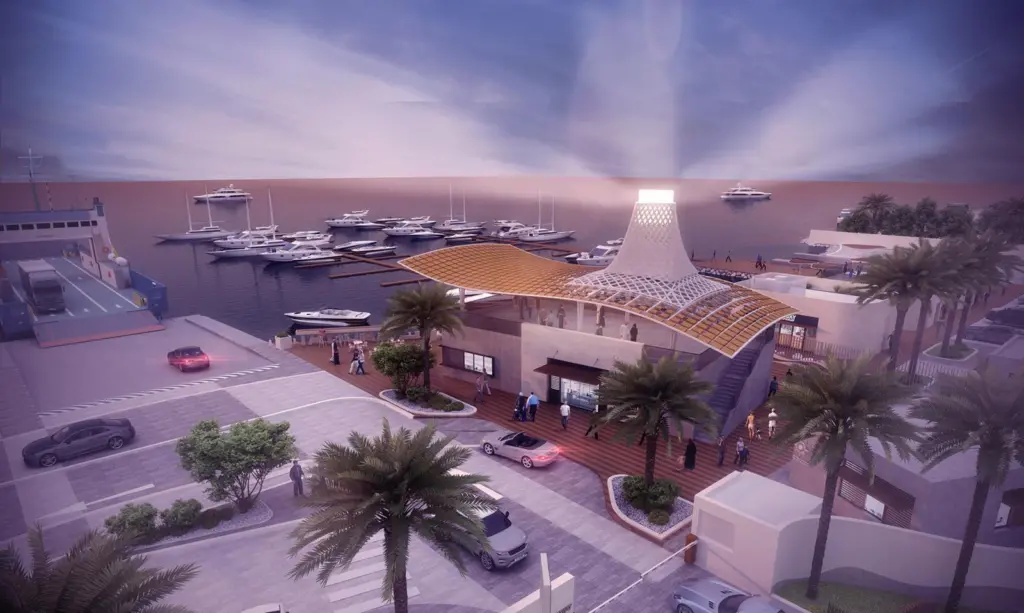 Digital rendering of the new marina and ferry station at Saadiyat