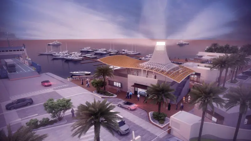 Digital rendering of the new marina and ferry station at Saadiyat