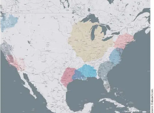 Figure 1: Traditional Hinterland Reach of US Gulf Container Ports – highlighted by the coloured zones