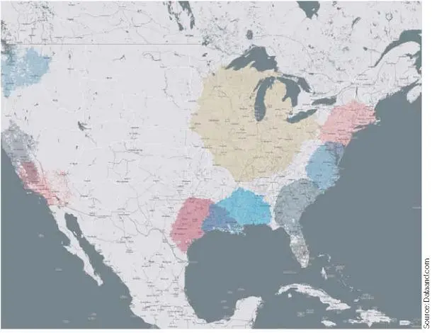 Figure 1: Traditional Hinterland Reach of US Gulf Container Ports – highlighted by the coloured zones