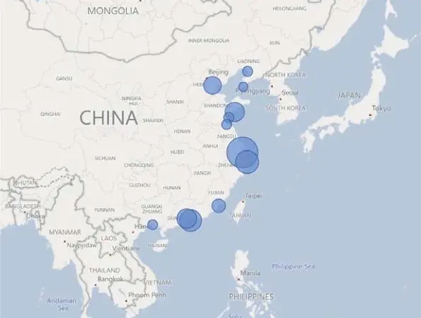 Figure 1: Overview of Port Locations in China.China’s 12 largest volume containerports  are outperforming the national growth average in 2022 (Note: Size of circles noting ports is representative of scale of container TEU traffic handled Source: Dataand.com)