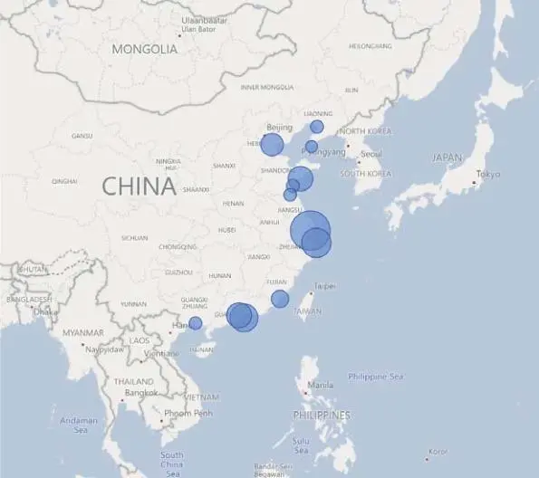Figure 1: Overview of Port Locations in China.China’s 12 largest volume containerports  are outperforming the national growth average in 2022 (Note: Size of circles noting ports is representative of scale of container TEU traffic handled Source: Dataand.com)