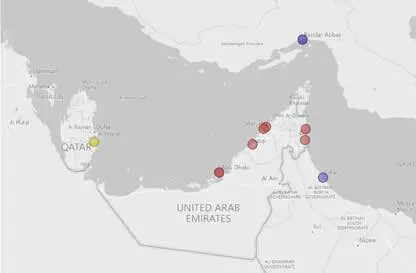 Figure 1: Location of container ports in Lower Gulf Region. The Lower Gulf region stretches from Doha to Sohar, with a Jebel Ali and Port Khalifa the dominant ports in the UAE