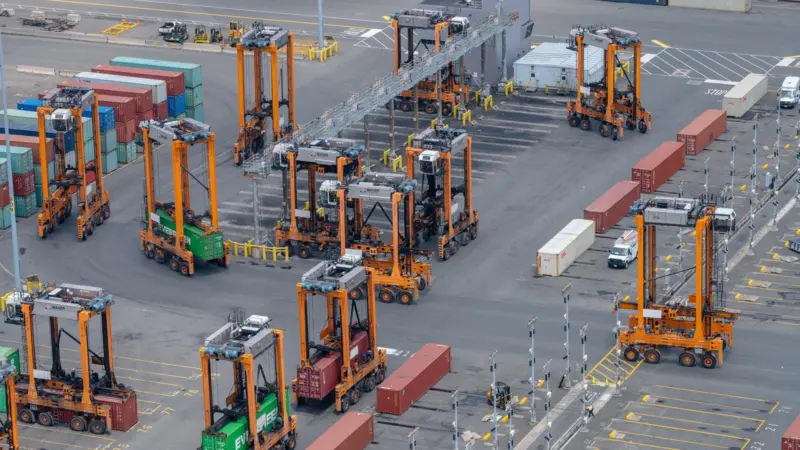 Image of Kalmar straddle carriers operating in a port