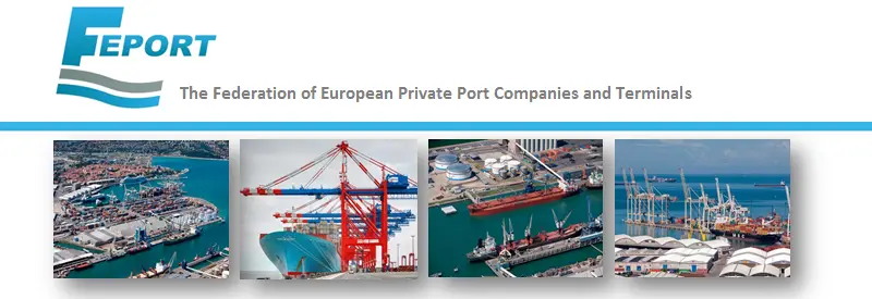 FEPORT logo with four pictures of ports and cargo handling