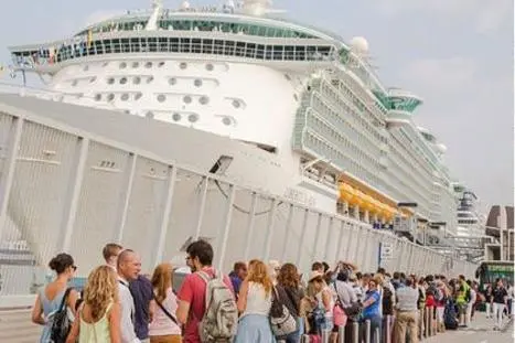 Passengers queuing to get on a cruise ship