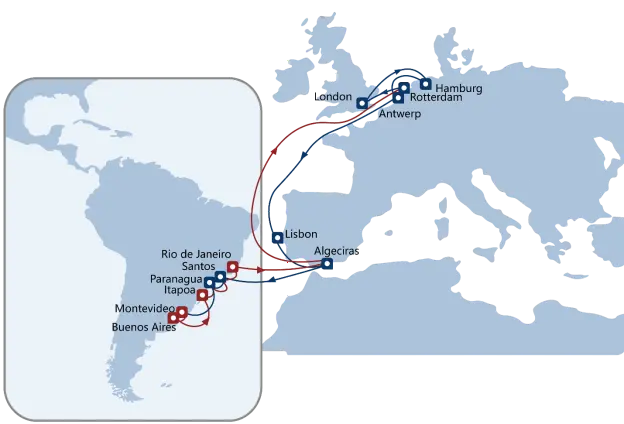 Map between South America and Europe showing a new shipping route from Coso