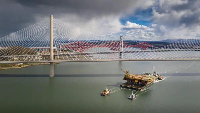 IronLady with Tugs Forth Bridges Aerial shot