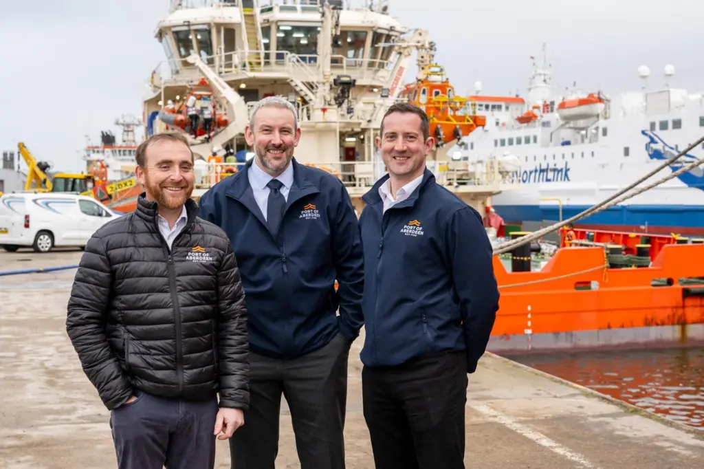 (l-r) Peter Suttie, operations manager, Benji Morrison, harbour master, and Lewis Matheson, deputy harbour master