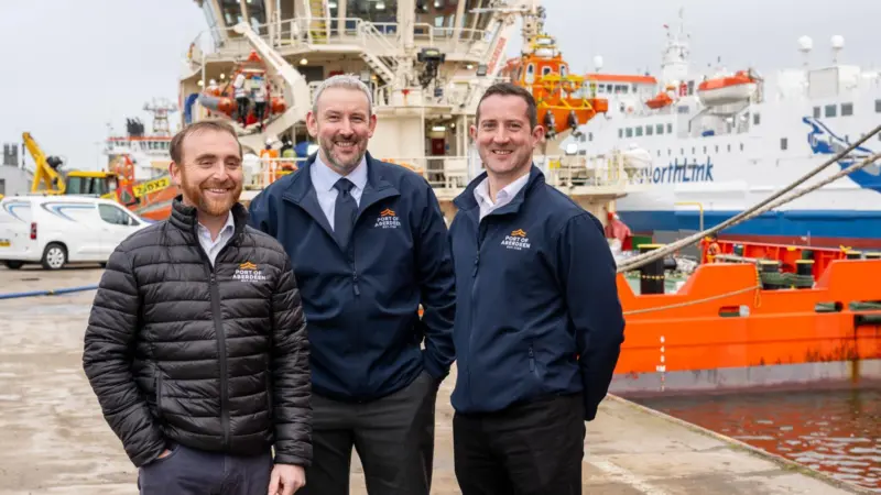 (l-r) Peter Suttie, operations manager, Benji Morrison, harbour master, and Lewis Matheson, deputy harbour master